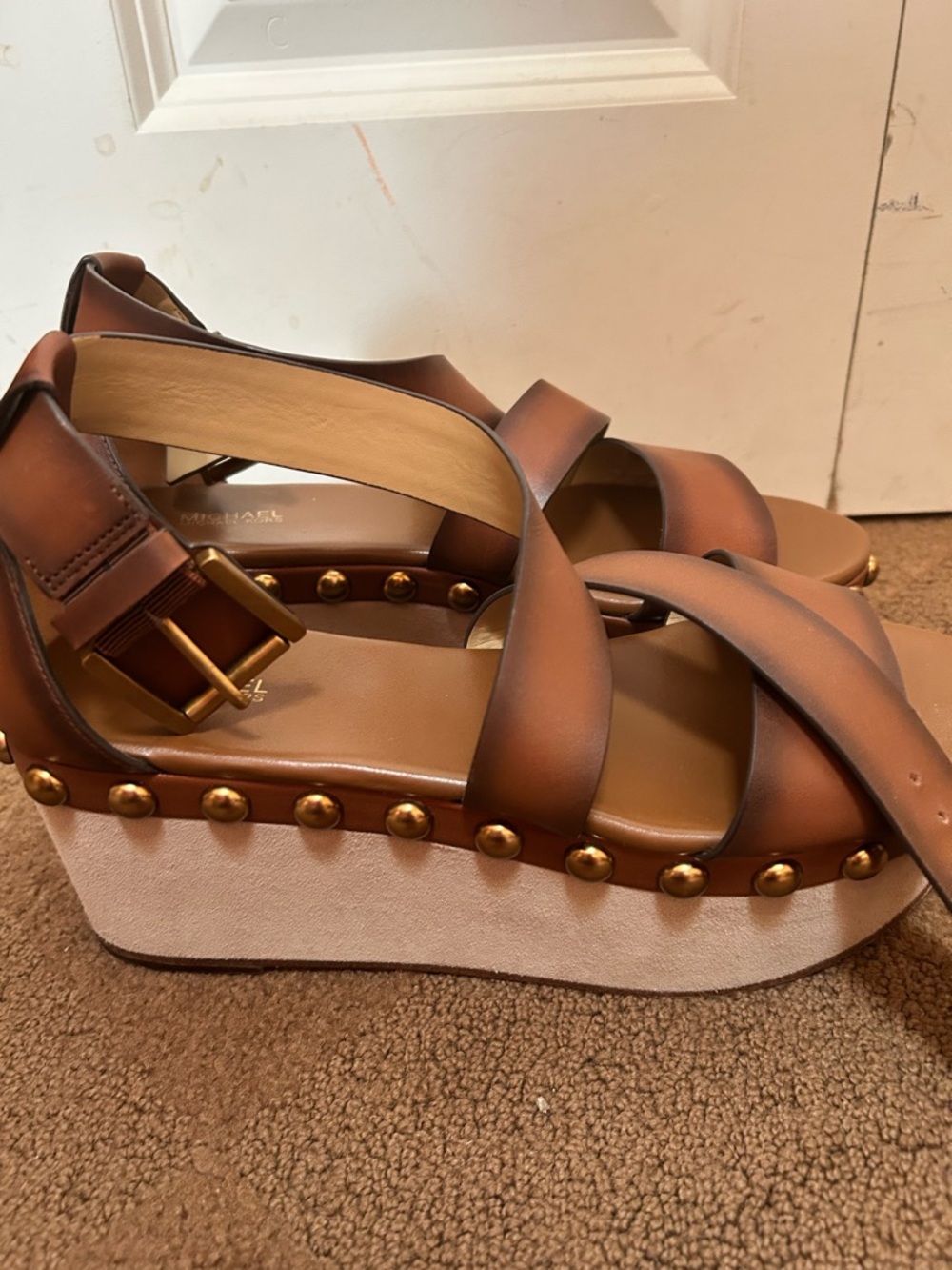 Michael Kors Brown Platform Studded Crossover Sandals